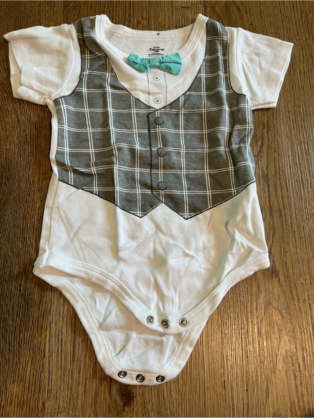 Little Treasure Onsie, White with Gray Plaid Vest and Mint Bow, 18 months